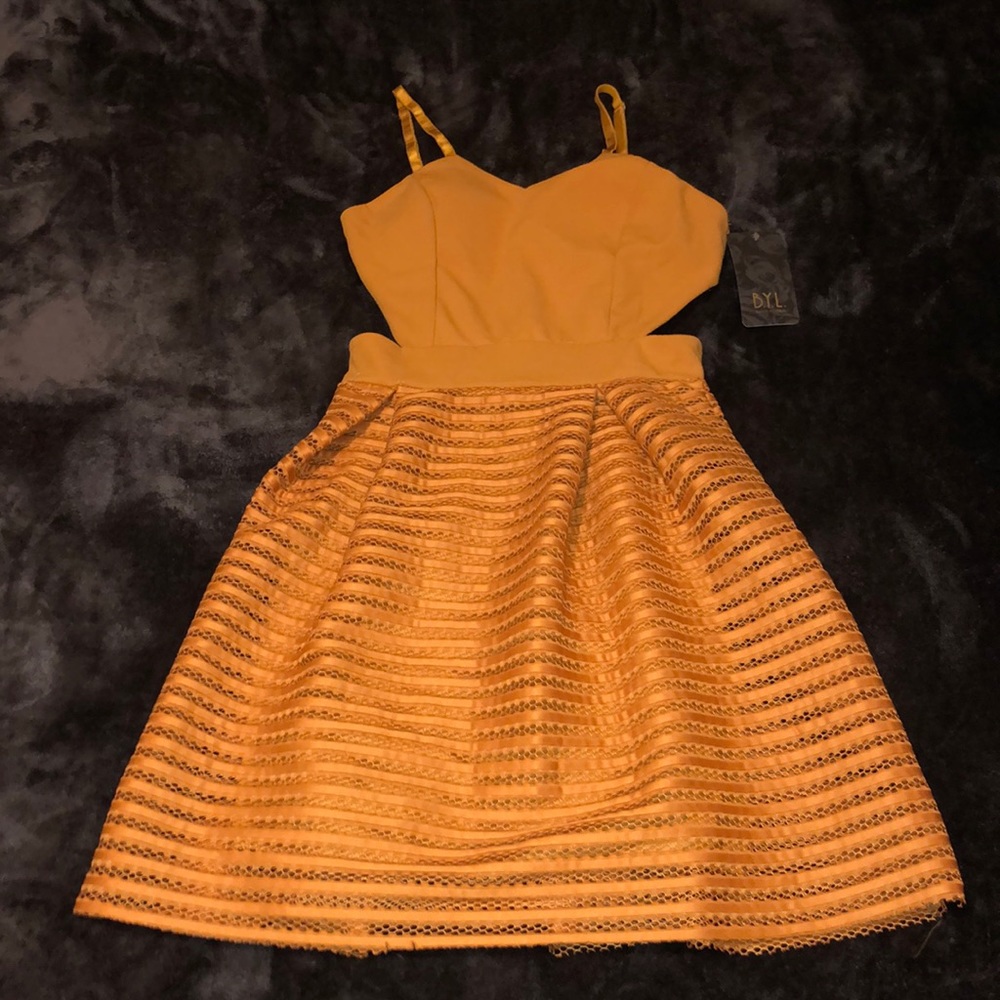 Mustard eyelet dress with necklace